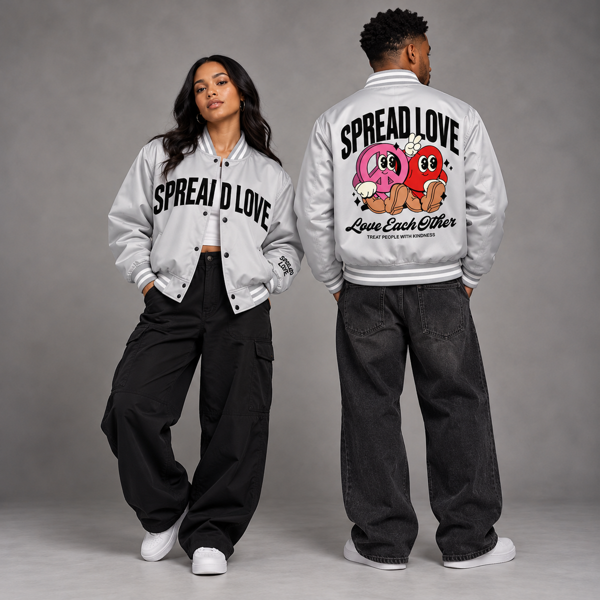Spread Love™ Silver Classic Bomber Jacket – “Peace & Love”